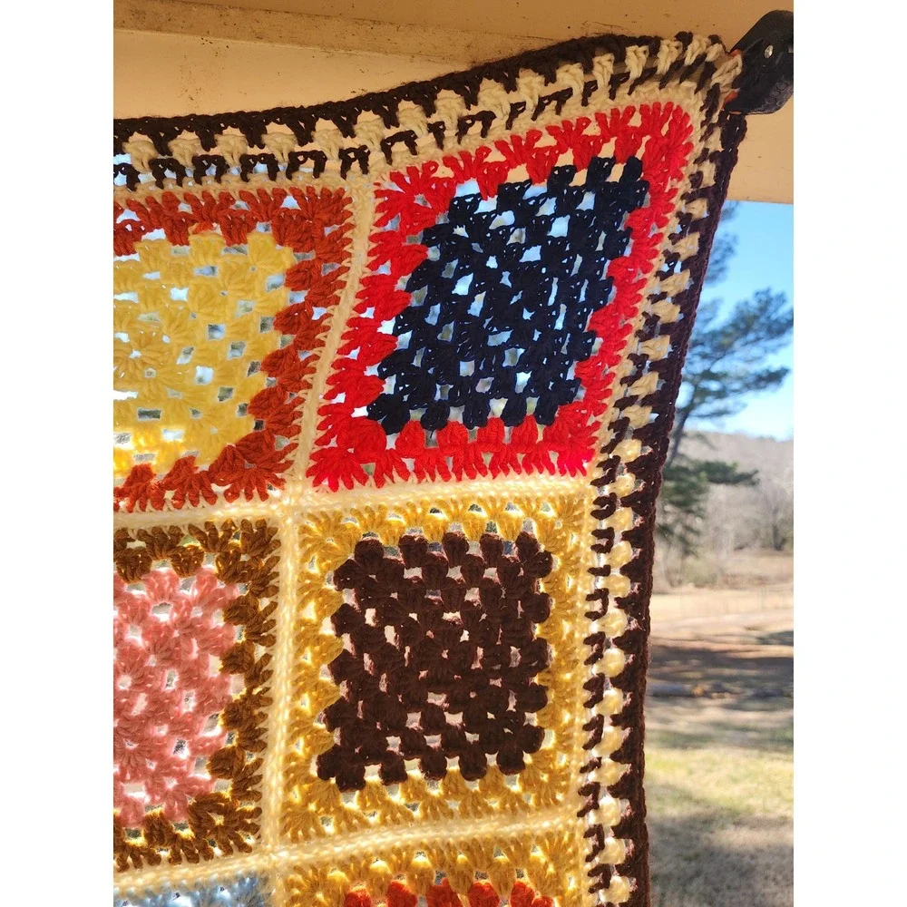 Handmade Vintage Style Crochet Granny Square Blanket Multi-Color Boho Throw